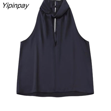 Yipinpay 2023 Spring Autumn Women Solid Blouses Causal Hollow Out Sleeveless Thin Tops Thin Sexy Halter Collar T-Shirts